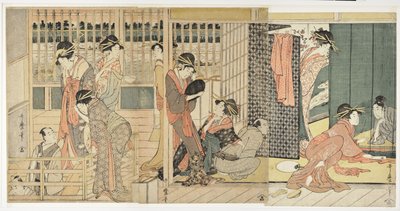 Poranne pożegnanie w tymczasowych kwaterach w dzielnicy przyjemności, 1801 r. autorstwa Kitagawa Utamaro