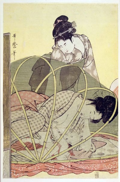 Matka karmiąca dziecko pod moskitierą par. Utamaro, Kitagawa (1753-1806), ok. 1930 r. 1795 - Drzeworyt kolorowy, 37,6x24,6 - Kolekcja prywatna autorstwa Kitagawa Utamaro