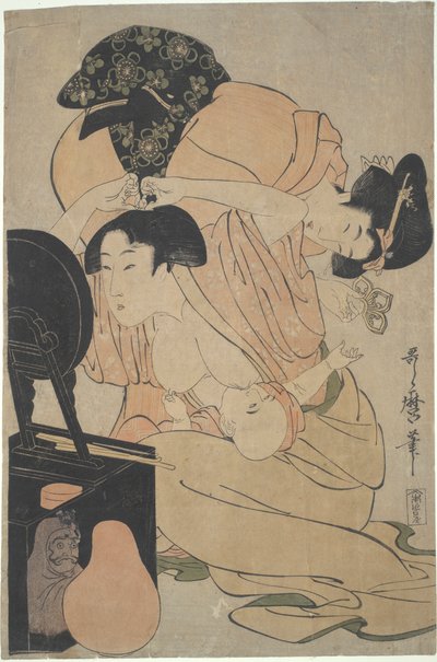 Matka z karmiącym dzieckiem i opiekunem autorstwa Kitagawa Utamaro