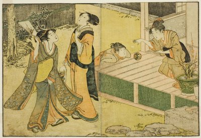 Noworoczne Igrzyska Lotnicze, Battledore i Piłkę Ręczną, z ilustrowanej książki „Picture Book: Flowers of the Four Seasons (Ehon shiki no hana),” tom. 1 autorstwa Kitagawa Utamaro