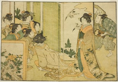 Noworoczny występ manzai w rezydencji feudalnego lorda, z ilustrowanej książki "Picture Book: Kwiaty czterech pór roku (Ehon shiki no hana)", tom 1. autorstwa Kitagawa Utamaro