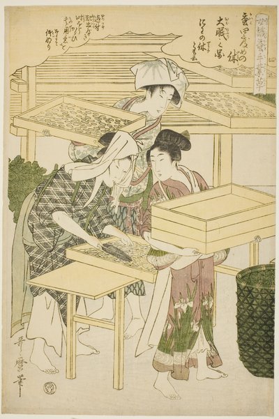 nr 4 (shi), z serii „Kobiety zajmujące się serownictwem (Joshoku kaiko tewaza-gusa)” autorstwa Kitagawa Utamaro