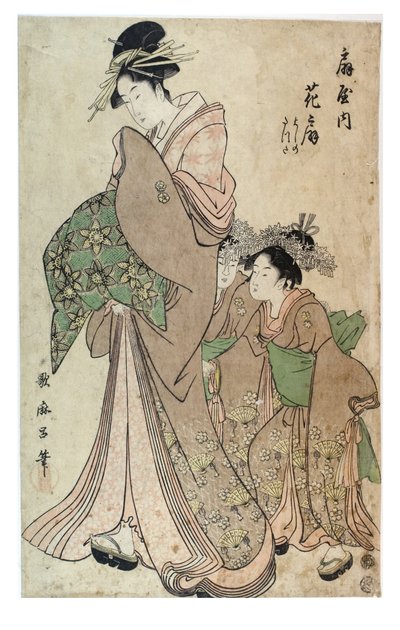 Oiran z dwoma Kamuro, okres Edo, ok. 1790 r. (drzeworyt na papierze) autorstwa Kitagawa Utamaro