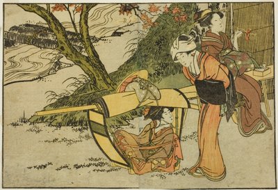 Jesienna wycieczka do oglądania klonów, z ilustrowanej książki „Picture Book: Flowers of the Four Seasons (Ehon shiki no hana)”, tom. 2 autorstwa Kitagawa Utamaro