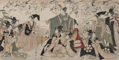 Parodia Yoritomo wypuszczającego żurawie (Mitate Yoritomo hōkaku) autorstwa Kitagawa Utamaro