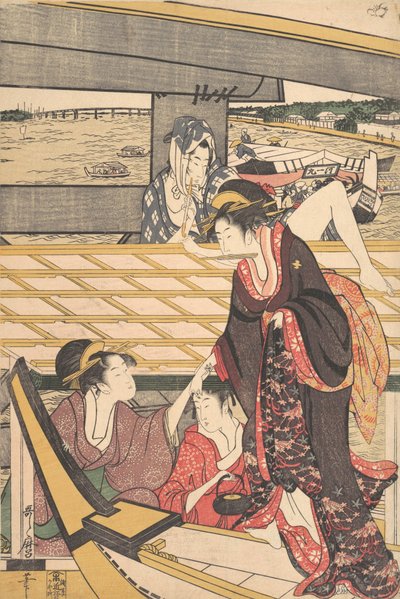 Imprezy dla przyjemności w łodziach na rzece Sumida pod mostem Ryogoku, ok. godz. 1796. autorstwa Kitagawa Utamaro