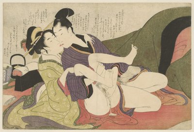 Prostytutka całuje młodego mężczyznę Negai no itoguchi (tytuł serii) autorstwa Kitagawa Utamaro