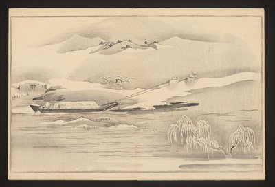 Ciągnięcie łodzi wzdłuż rzeki autorstwa Kitagawa Utamaro