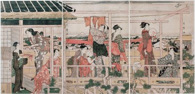 Sechage des vetements - Drying Clothes par Utamaro, Kitagawa (1753-1806), ok. 201 1790 - Drzeworyt kolorowy, 37,3x75,8 - Kolekcja prywatna autorstwa Kitagawa Utamaro
