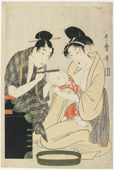Golenie głowy chłopca, Edo Edo, ok. 1801 (kolorowy drzeworyt) autorstwa Kitagawa Utamaro