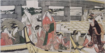 Sur et sous le pont de Ryogoku (Tokio) - Na szczycie i pod mostem Ryogoku w Utamaro, Kitagawa (1753-1806) 1796 - Drzeworyt kolorowy, 38,2x74,6 - Kolekcja prywatna autorstwa Kitagawa Utamaro