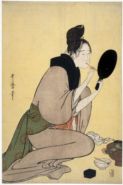 O urodzie: kobieta malująca usta - Bijin-ga. Dziewczyna nakładająca makijaż na usta autorstwa Utamaro, Kitagawa (1753-1806), - Kolorowy drzeworyt, 37,7x25,2 - Kolekcja prywatna autorstwa Kitagawa Utamaro