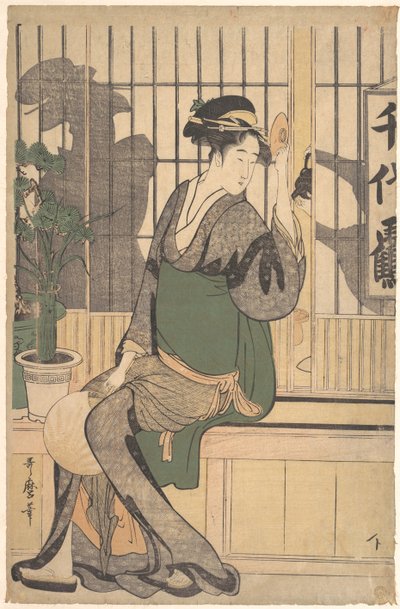 The Chiyozuru Teahouse Shadows on the Shoji, 1790s autorstwa Kitagawa Utamaro