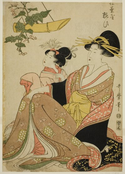 Kurtyzana Yoso-oi z Domu Igieł Sosnowych w Yoshiwara i jej opiekun (Matsubaya Yoso-oi) autorstwa Kitagawa Utamaro