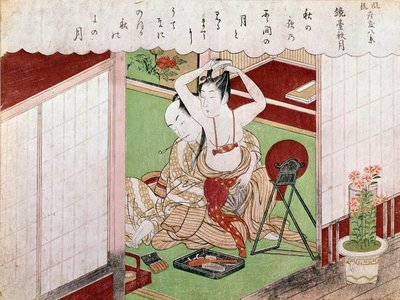 Toaleta z elegancką japońską grafiką autorstwa Utamaro Kitagawy (1753-1806). Słońce. 0,38x0,25m. 1794-1795. Paryż, Muzeum Guimet, Narodowe Muzeum Sztuki Azjatyckiej autorstwa Kitagawa Utamaro