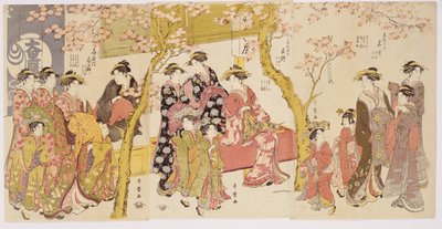 Trzy grupy kurtyzan z ich Shinzo i Kamuro autorstwa Kitagawa Utamaro