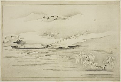 Holowanie barki w śniegu, z albumu The Silver World, 1790 autorstwa Kitagawa Utamaro