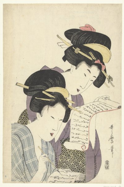 Dwie kobiety z literami autorstwa Kitagawa Utamaro