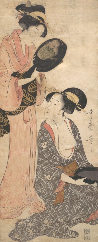 Dwie panie, każda z częścią lakierowanego lustra, lata 1790. autorstwa Kitagawa Utamaro