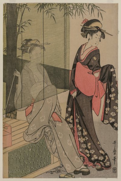 Dwie kobiety przy bambusowej żaluzji autorstwa Kitagawa Utamaro