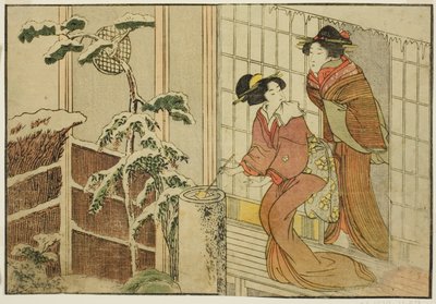 Dwie kobiety na werandzie w śnieżny poranek, z ilustrowanej książki „Obrazówka: Kwiaty czterech pór roku (Ehon shiki no hana),” tom. 2 autorstwa Kitagawa Utamaro