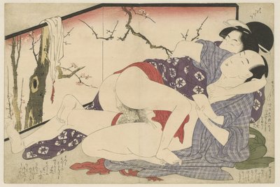 Para kochająca się obok dzielnika pokoju Negai no itoguchi (tytuł serii) autorstwa Kitagawa Utamaro