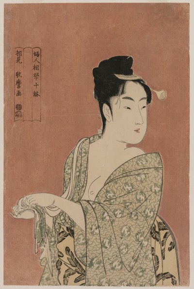 Kobieta wycierająca ręce z cyklu Dziesięć aspektów fizjonomii kobiet, ok. 1930. 1793. autorstwa Kitagawa Utamaro