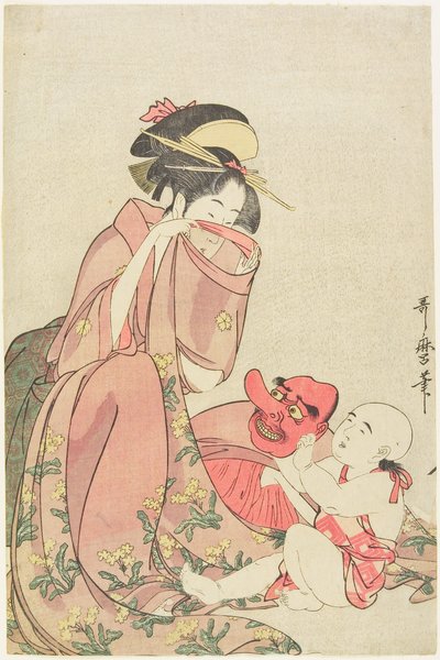 Kobieta bawiąca się z dzieckiem w masce tengu autorstwa Kitagawa Utamaro