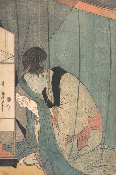 Kobieta czytająca list pod moskitierą, ca. 1798. autorstwa Kitagawa Utamaro