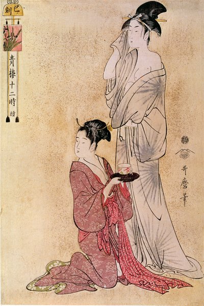 Kobieta korzysta z toalety, którą pomaga jej służebnica Japońska grafika autorstwa Utamaro Kitagawy (1753-1806). 18 wiek. Paryż, Muzeum Guimet, Muzeum Sztuki Azjatyckiej autorstwa Kitagawa Utamaro