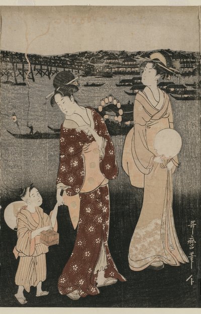 Kobiety cieszące się fajnym wieczorem w pobliżu mostu Ryogoku autorstwa Kitagawa Utamaro