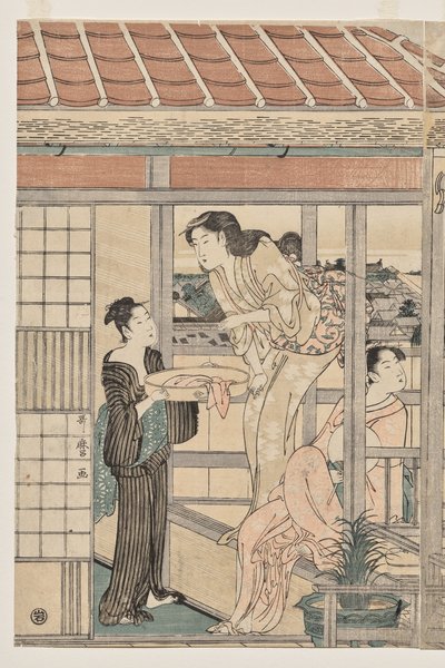 Kobiety wieszające pranie do wyschnięcia na balkonie autorstwa Kitagawa Utamaro