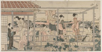 Kobiety wieszające pranie do wyschnięcia na balkonie autorstwa Kitagawa Utamaro
