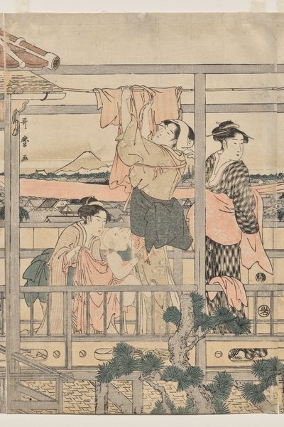 Kobiety wieszające pranie do wyschnięcia na balkonie autorstwa Kitagawa Utamaro