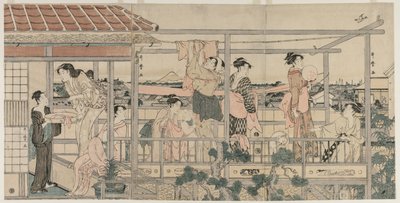 Kobiety wieszające pranie do wyschnięcia na balkonie, początek lat 90. XVIII wieku. autorstwa Kitagawa Utamaro