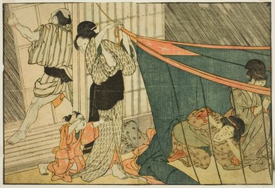 Kobiety w moskitierze podczas burzy, z ilustrowanej książki „Picture Book: Flowers of the Four Seasons (Ehon shiki no hana)”, tom. 1 autorstwa Kitagawa Utamaro