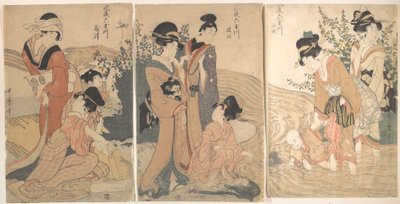 Kobiety i dzieci nad brzegiem strumienia autorstwa Kitagawa Utamaro