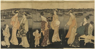 Kobiety oglądające fajerwerki na rzece Sumida autorstwa Kitagawa Utamaro