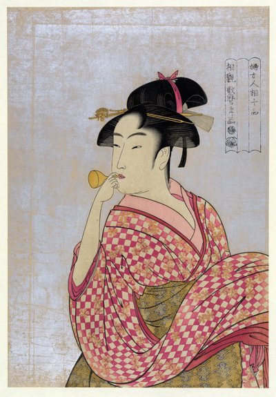 Młoda kobieta dmuchająca szklaną fajkę (poppin), z cyklu Dziesięć typów w badaniu Physiognomic Women par Utamaro, Kitagawa (1753-1806), ok. 1792 - Drzeworyt kolorowy, 38,9x27,5 - Kolekcja prywatna autorstwa Kitagawa Utamaro