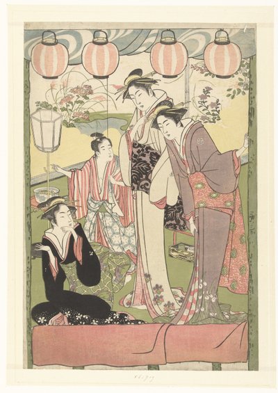 Trzy kobiety i chłopiec pod latarniami autorstwa Kitao Masanobu (attributed to)