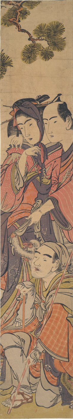 Oshun i Dembei bawią się z małpą na Yojir? autorstwa Kitao Masanobu