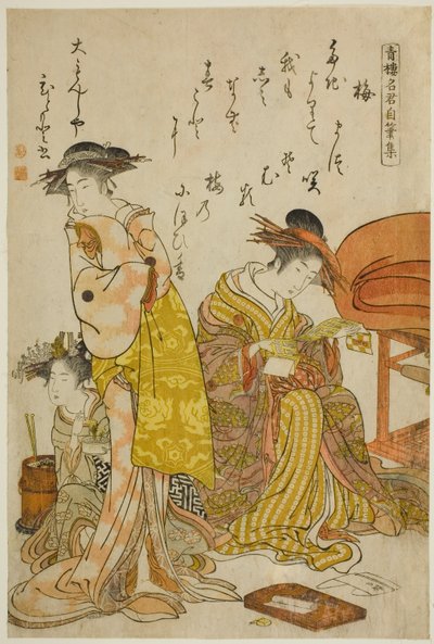 Kurtyzana Hitomoto z Daimonjiya, z albumu „Comparing New Beauties of the Yoshiwara – A Mirror of Their Own Writings (Keisei shin bijin awase jikihitsu kagami)” autorstwa Kitao Masanobu