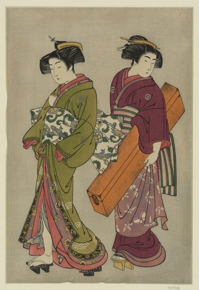 Kitao Shigemasa (1777) Gejsza i służąca niosąca skrzynię shamisen autorstwa Kitao Shigemasa