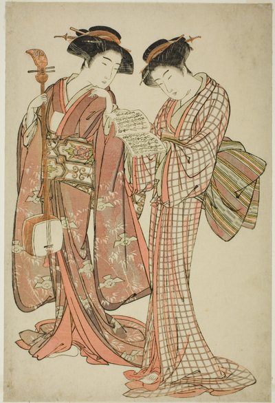 Dwie gejsze trzymające shamisen i śpiewnik autorstwa Kitao Shigemasa