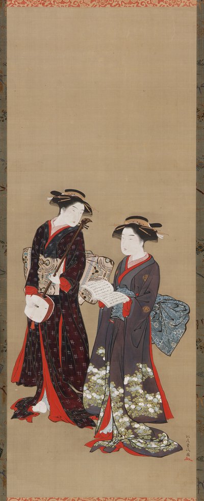 Dwie stojące dziewczyny, jedna z otwartą książką, 1615-1868. autorstwa Kitao Shigemasa