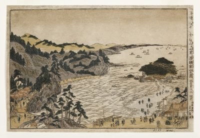 Widok na Wzgórze Złotego Żółwia na plaży Enoshima i Shichiri z gór Kamakura, 1783-90 (drewniak) autorstwa Kitao Shigemasa