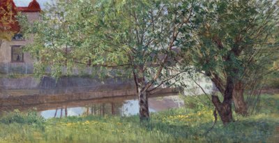 Odcinek kanału z domem i drzewami autorstwa Kitty Lange Kielland