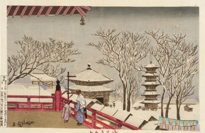 Świątynia Sensoji w śniegu autorstwa Kiyochika Kobayashi