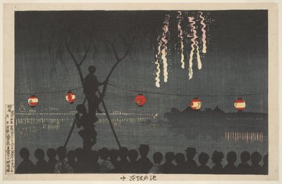 Fajerwerki w Ikenohata (wzdłuż rzeki Sumida, Tokio) autorstwa Kiyochika Kobayashi