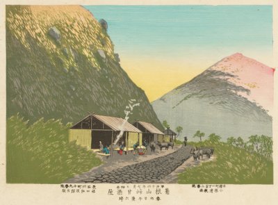 Dom Słodkiego Sake u podnóża góry. Hakone, 18:00 w wiosenny dzień autorstwa Kiyochika Kobayashi